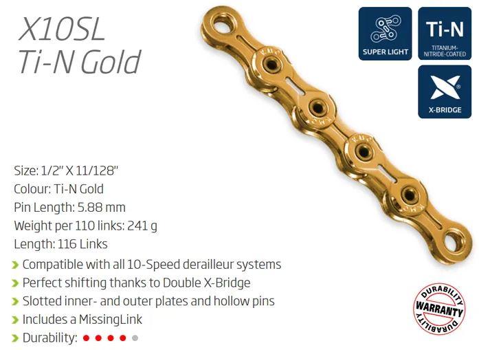 KMC X10SL 10Spd 116L Ti-N Gold Super Light Chain
