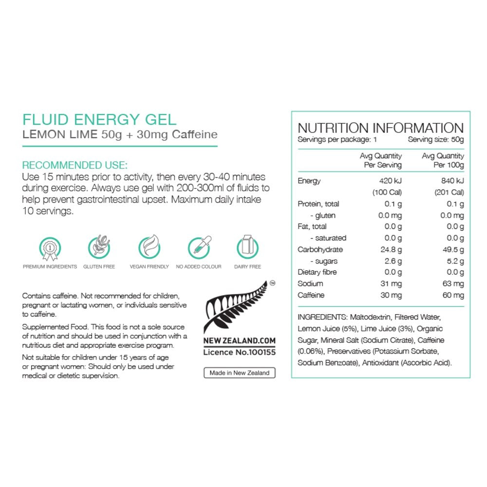 Pure Fluid Energy Gel Lemon & Lime W/30mg Caffeine 50g