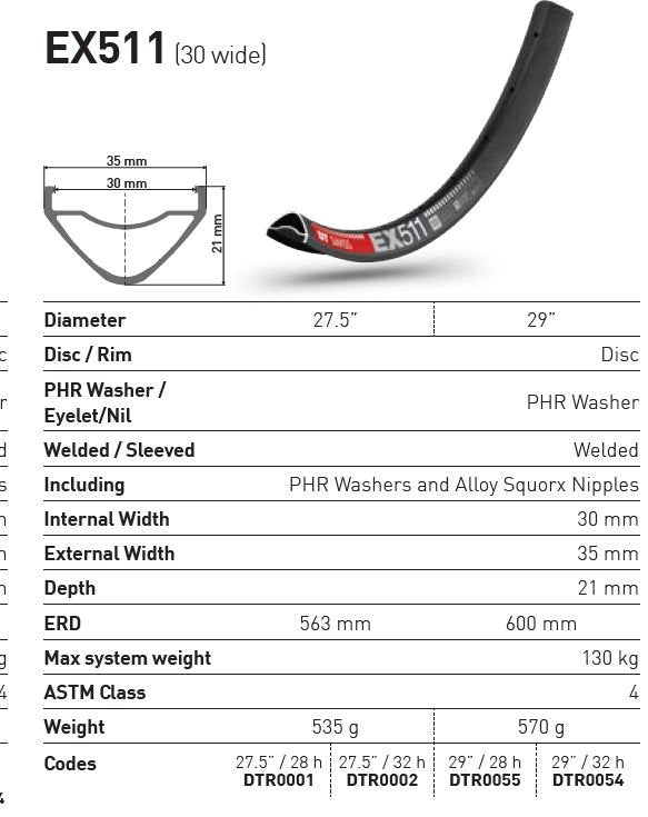 DT-Swiss EX511 27.5 x 30mm 28H Rim