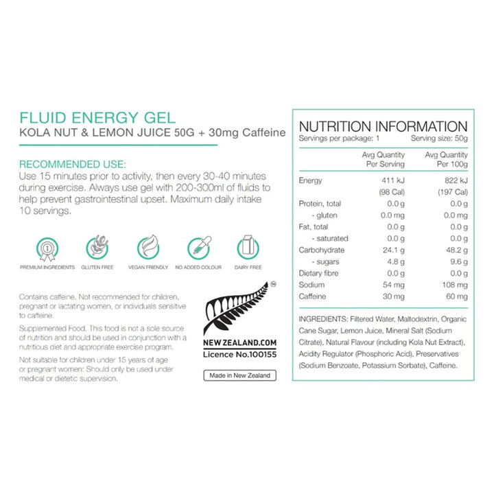 Pure Fluid Energy Gel Kola Nut & Lemon Juice W/30mg Caffeine 50g